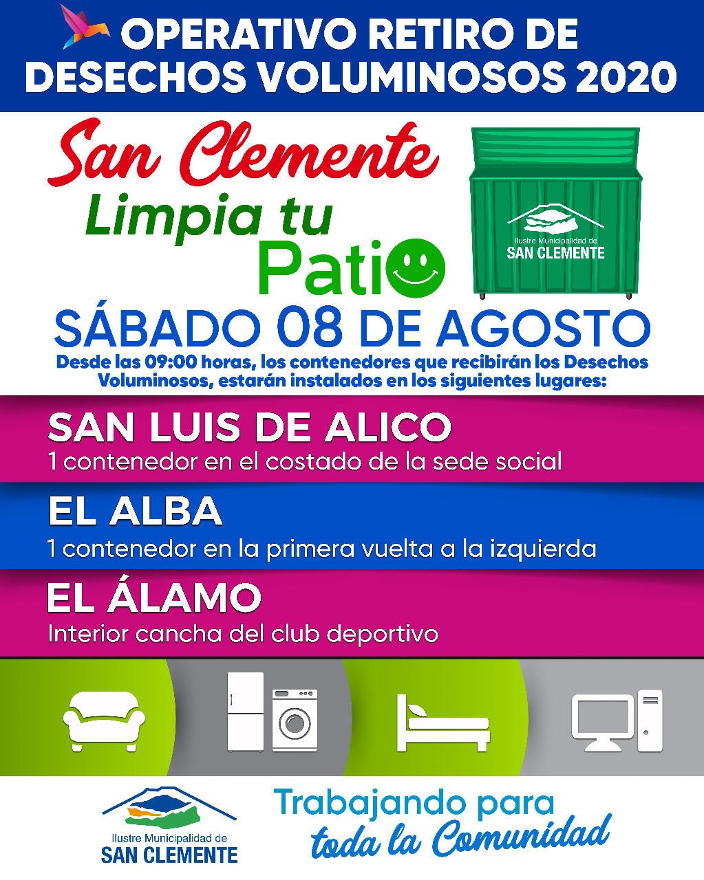 Nuevo operativo de retiro de desechos voluminosos llega este fin de semana a San Luis de Alico, El Alba y El Álamo, en San Clemente