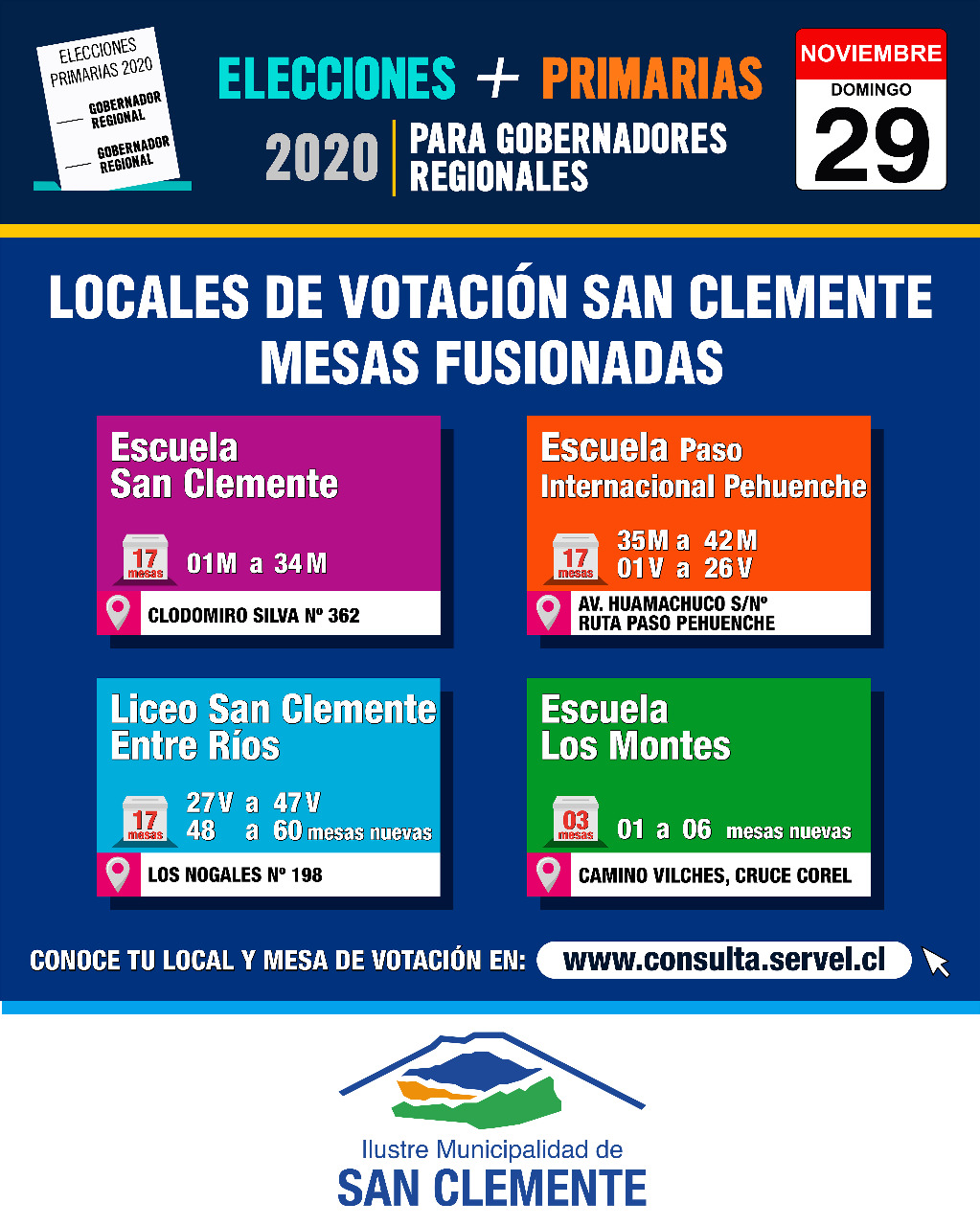 San Clemente tendrá 4 locales de votación para las Elecciones Primarias de Gobernador Regional